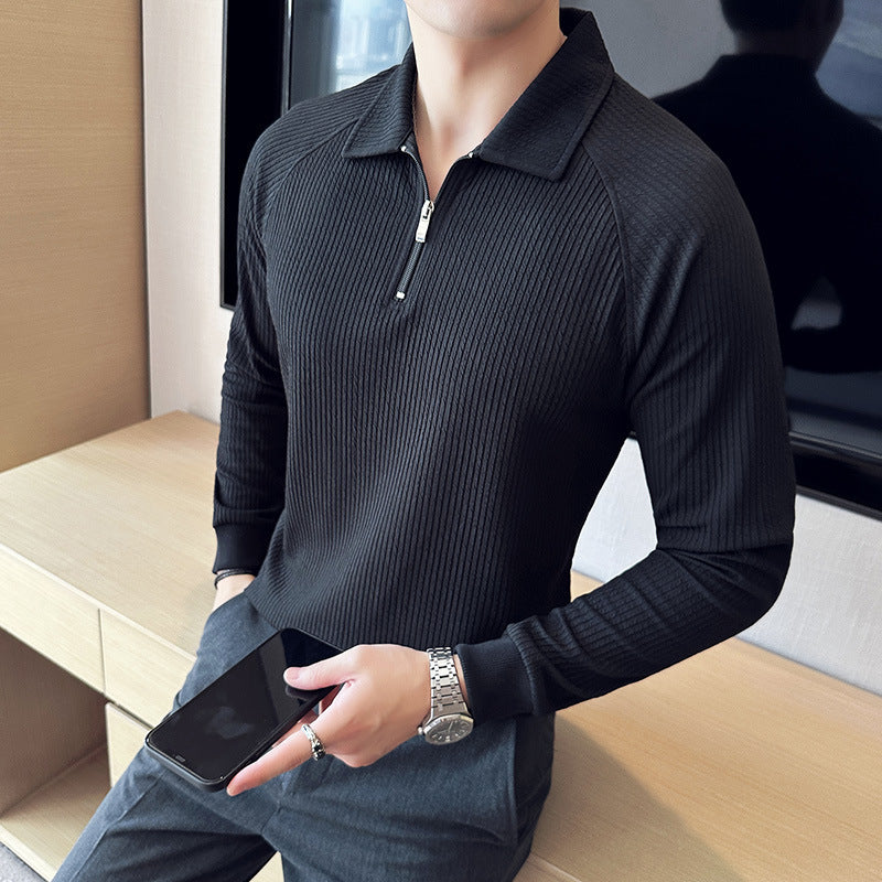 High Elastic Thickened Seersucker Half Zipper Polo Shirt UMAIR & HAYAT SELLER