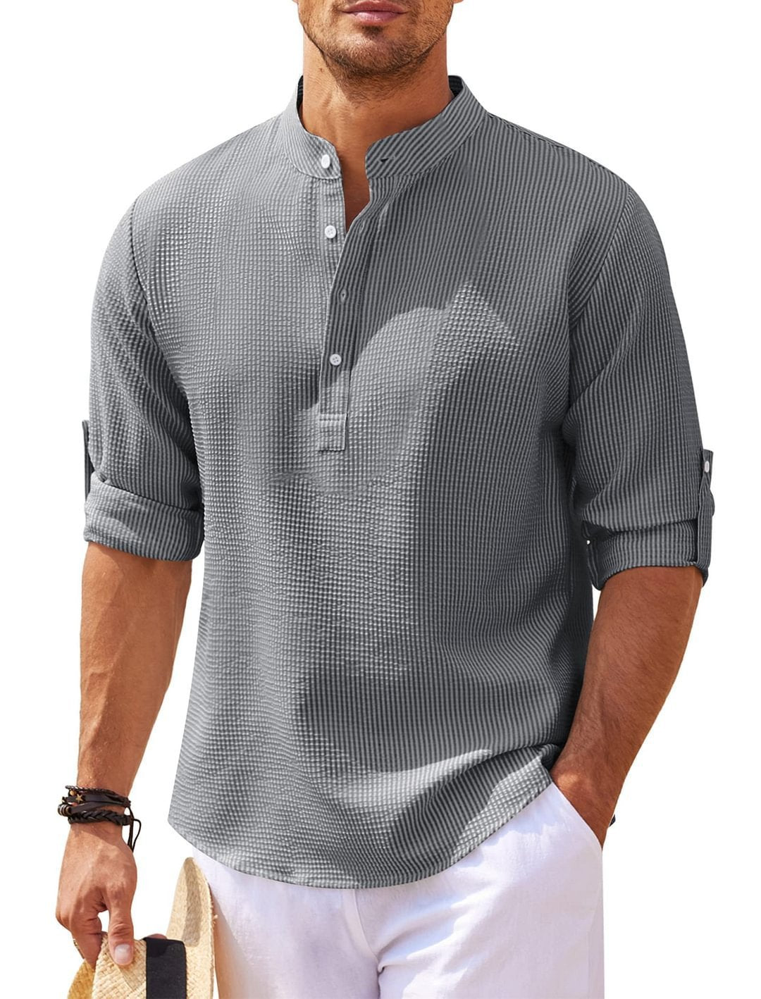 Men's Casual Shirt Long Sleeve Stand Collar Solid Color Shirt Mens Clothing UMAIR & HAYAT SELLER