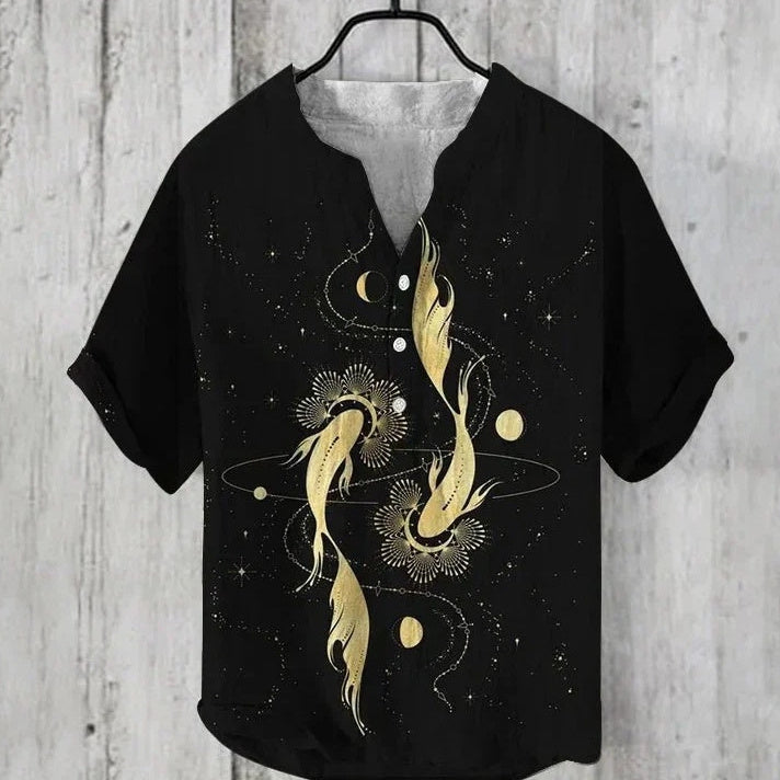 Printed V-neck Men's 3 Breasted Pullover Short Sleeve Shirt 1