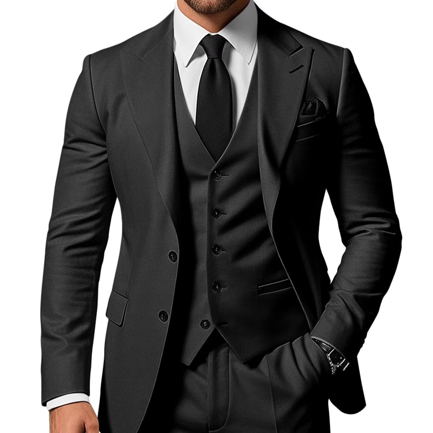 Men's Solid Color 2-piece Buckle Casual Jacket Vest Pants Set 1