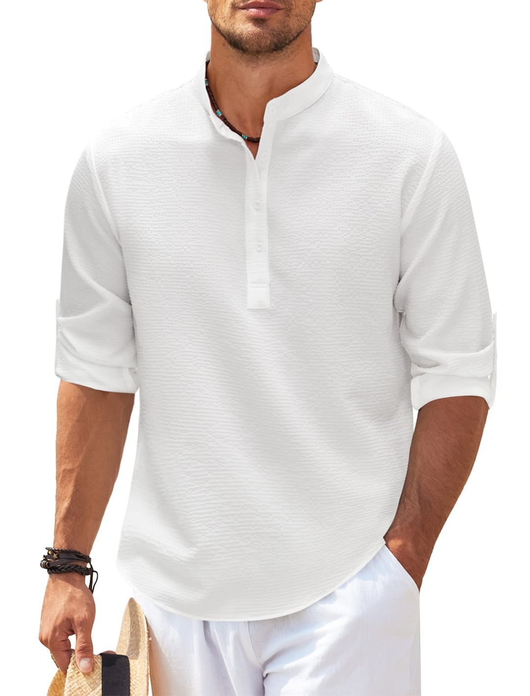 Men's Casual Shirt Long Sleeve Stand Collar Solid Color Shirt Mens Clothing UMAIR & HAYAT SELLER