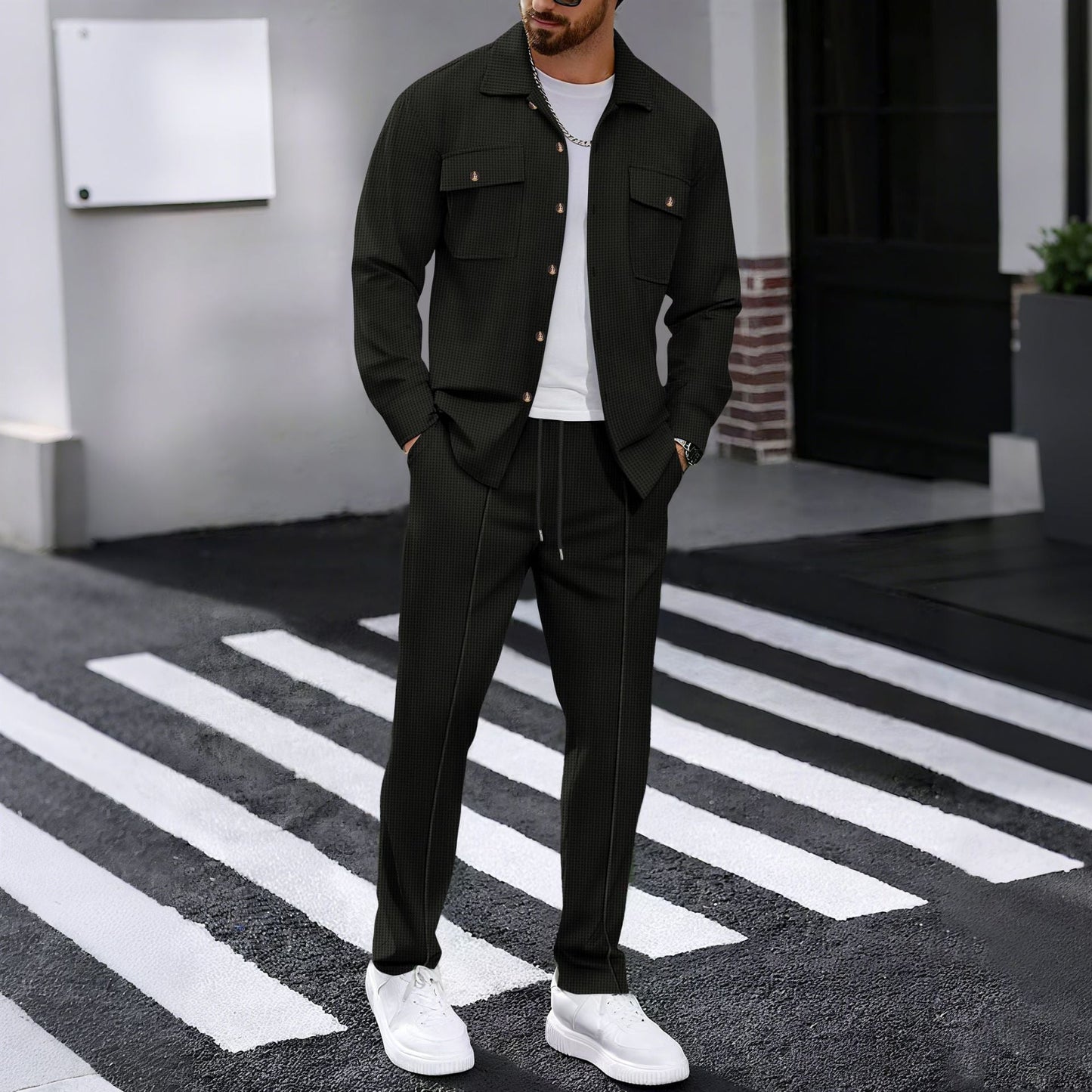 Autumn New Waffle Long-sleeved Trousers Two-piece Set Cardigan Shirt Suit 1