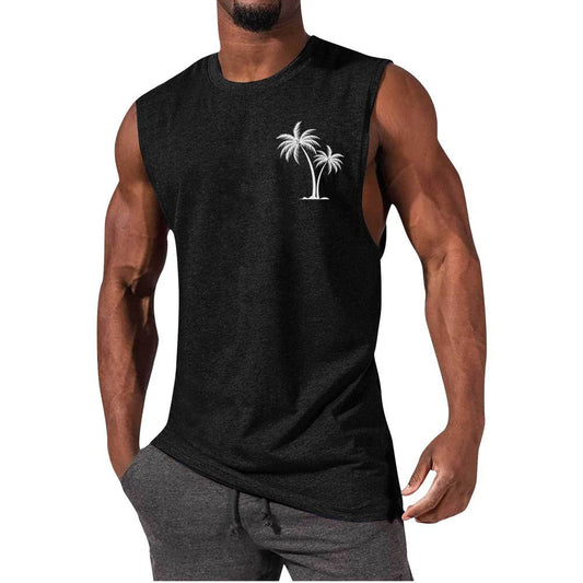 Coconut Tree Embroidery Vest Summer Beach Tank Tops Workout Muscle Men Sports Fitness T-shirt 1