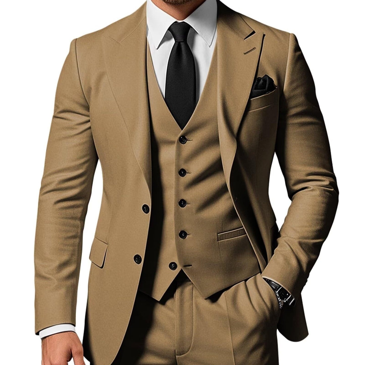 Men's Solid Color 2-piece Buckle Casual Jacket Vest Pants Set 1