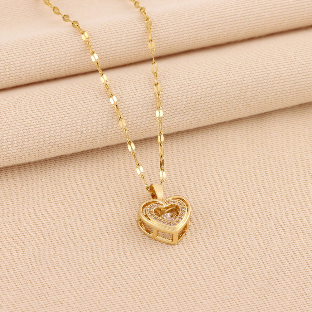 Double-layer Love Necklace With Rhinestones Titanium Steel Pendant Fashion Jewelry Woman Valentines Day Gift UMAIR & HAYAT SELLER