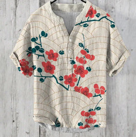 Printed V-neck Men's 3 Breasted Pullover Short Sleeve Shirt 1