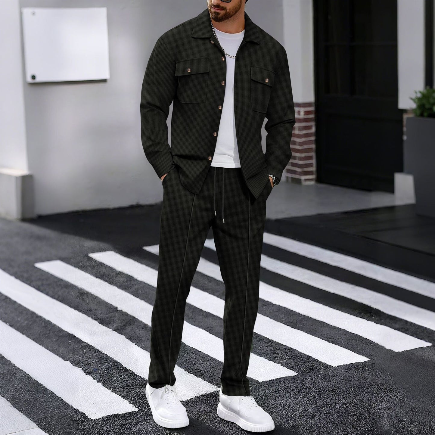 Autumn New Waffle Long-sleeved Trousers Two-piece Set Cardigan Shirt Suit 1