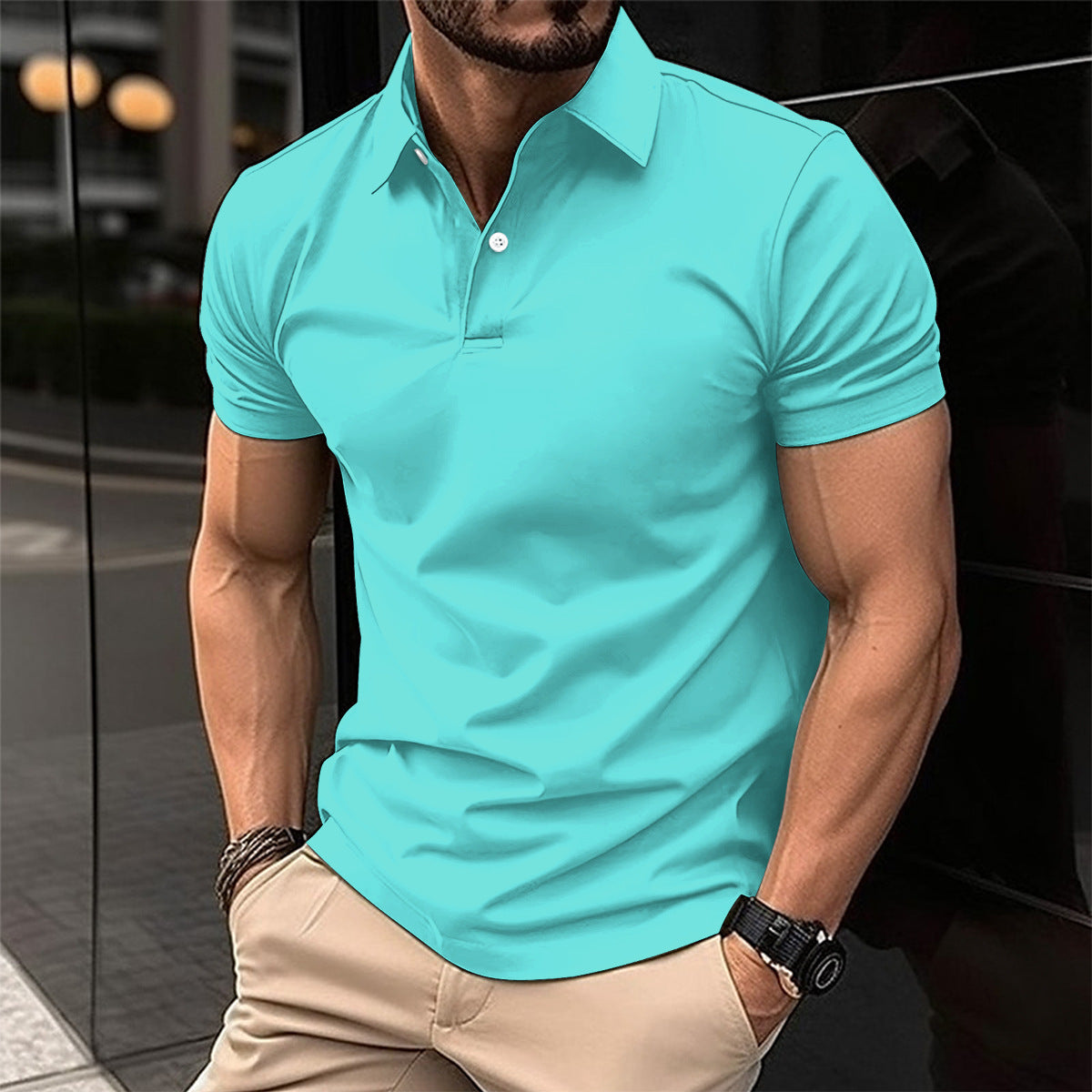 Summer Short Sleeve Polo Shirt Men Solid Color Button Lapel Button Top UMAIR & HAYAT SELLER