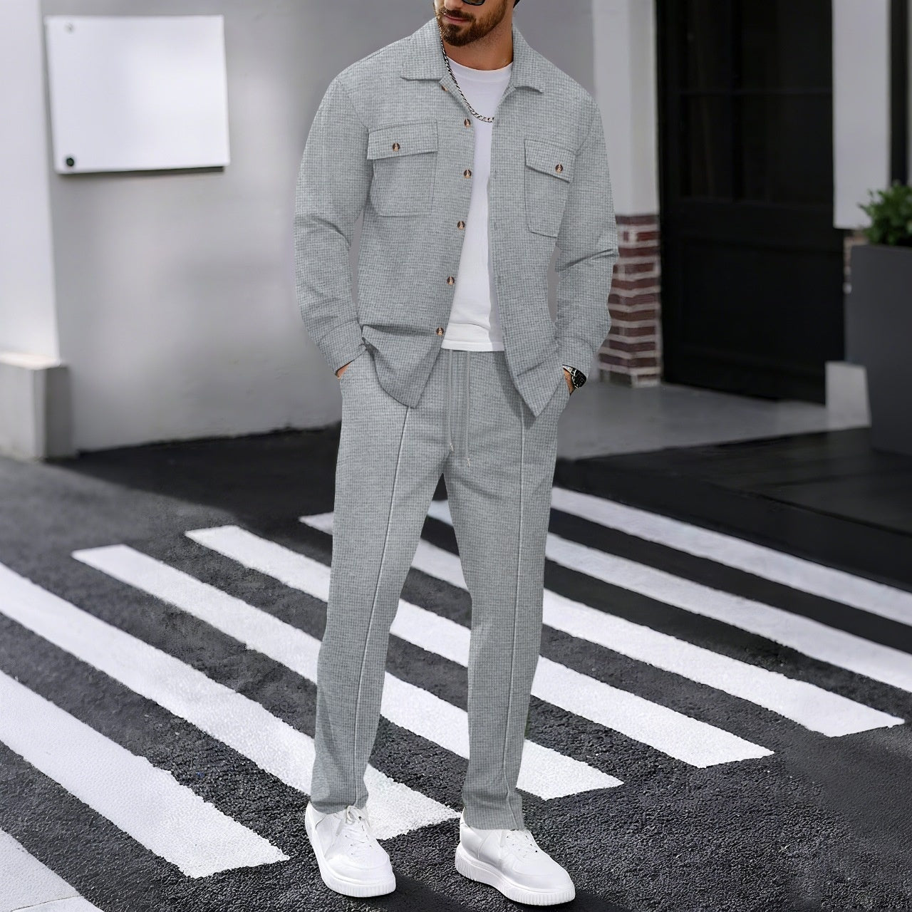 Autumn New Waffle Long-sleeved Trousers Two-piece Set Cardigan Shirt Suit 1