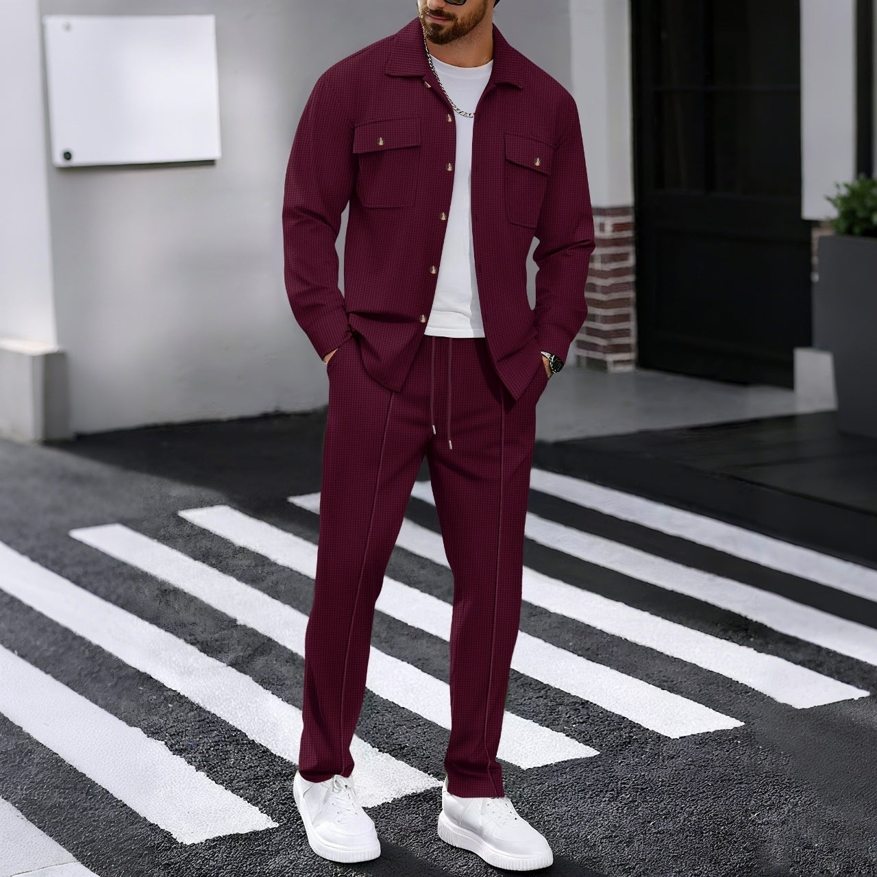 Autumn New Waffle Long-sleeved Trousers Two-piece Set Cardigan Shirt Suit 1