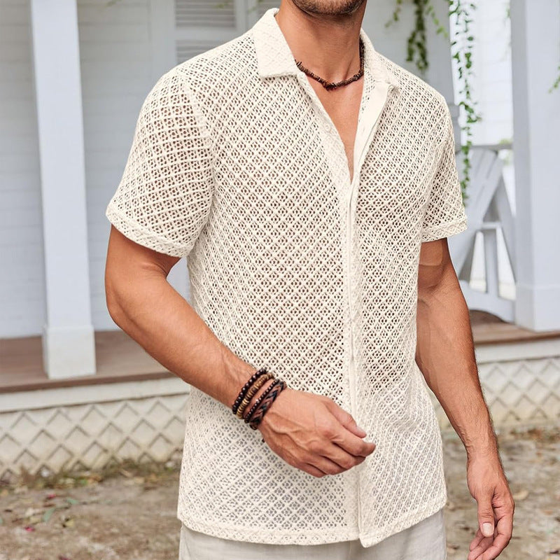 Summer Mesh Short Sleeve Shirt Fashion Solid Color Lapel Shirt Tops Beach Men Clothing UMAIR & HAYAT SELLER