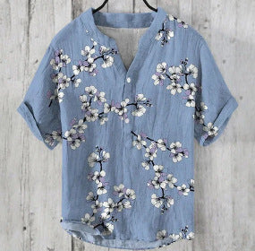 Printed V-neck Men's 3 Breasted Pullover Short Sleeve Shirt 1