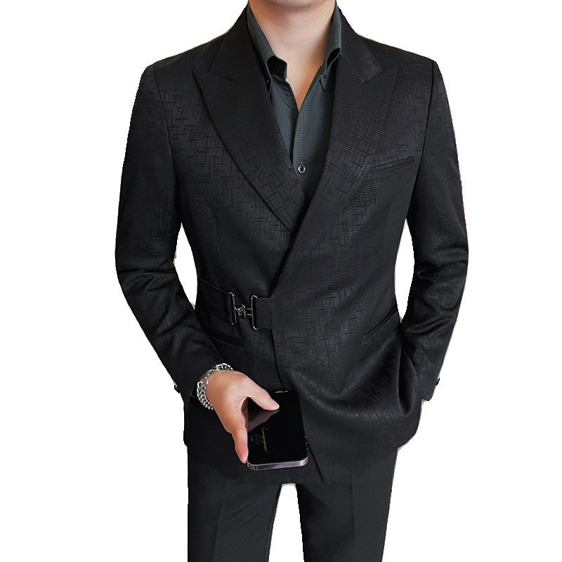 Men's Suit Metal Buckle Design Gun Collar Jacket 1