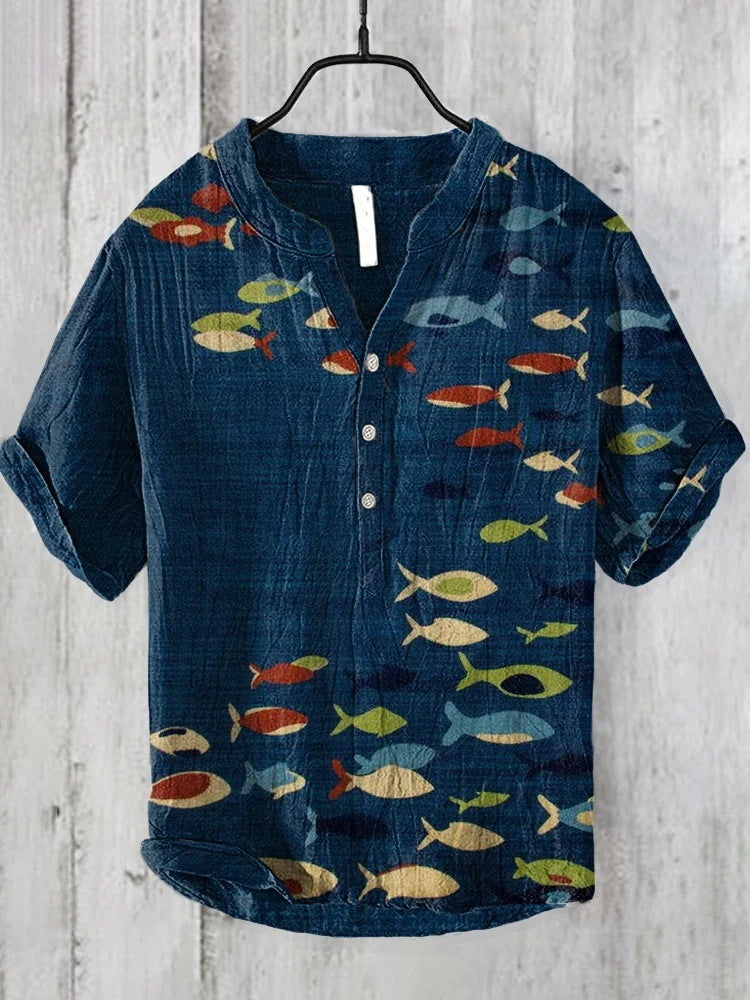 Printed V-neck Men's 3 Breasted Pullover Short Sleeve Shirt 1