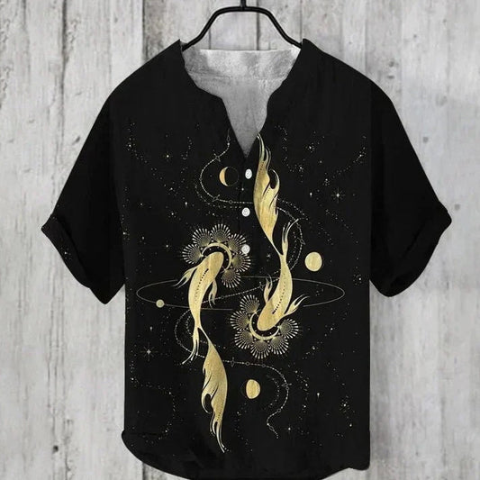 Printed V-neck Men's 3 Breasted Pullover Short Sleeve Shirt 1