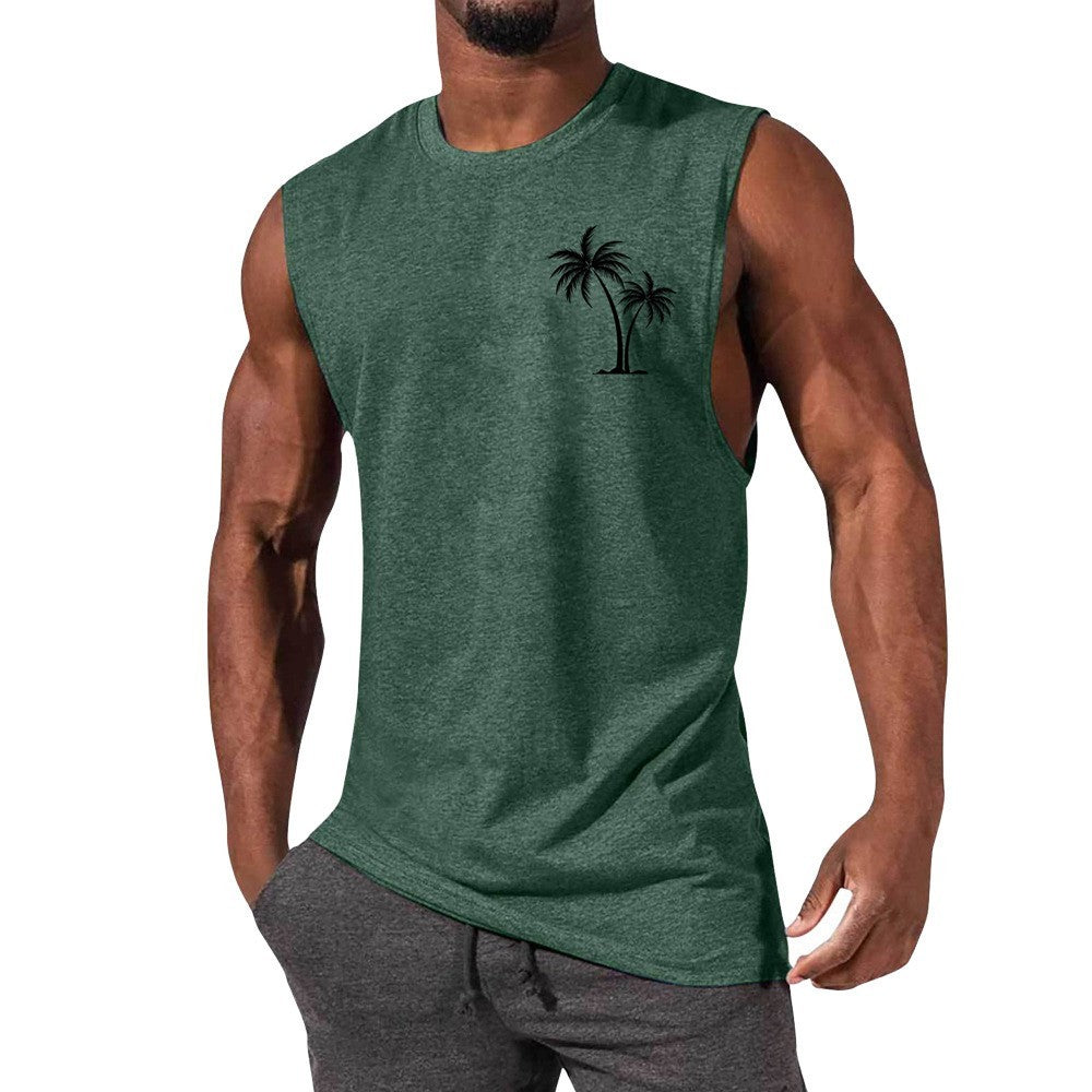 Coconut Tree Embroidery Vest Summer Beach Tank Tops Workout Muscle Men Sports Fitness T-shirt 1