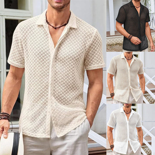 Summer Mesh Short Sleeve Shirt Fashion Solid Color Lapel Shirt Tops Beach Men Clothing UMAIR & HAYAT SELLER