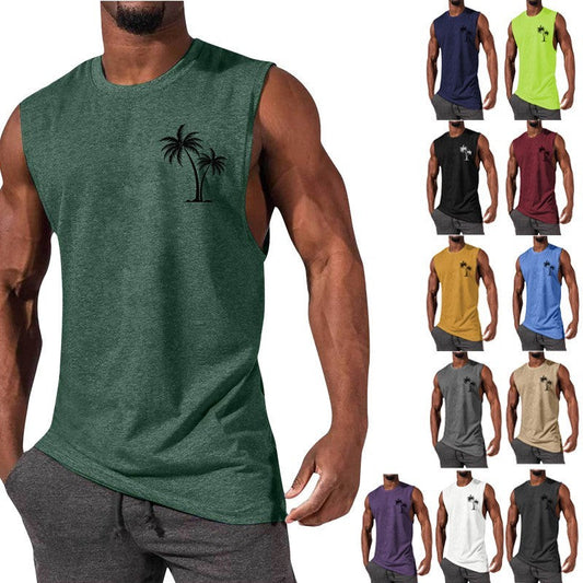 Coconut Tree Embroidery Vest Summer Beach Tank Tops Workout Muscle Men Sports Fitness T-shirt 1