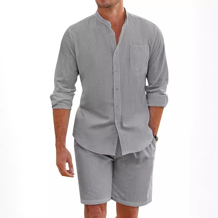 Men's Cotton Linen Comfortable Long Sleeve Shirt Shorts Suit 1
