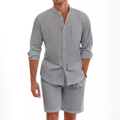 Men's Cotton Linen Comfortable Long Sleeve Shirt Shorts Suit 1