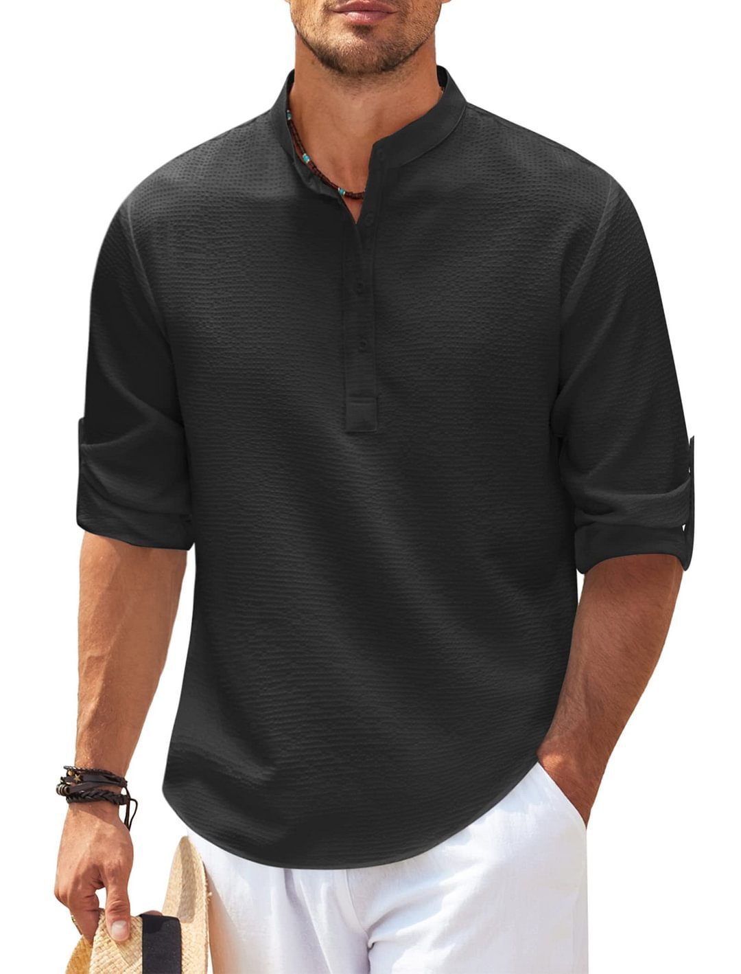 Men's Casual Shirt  Long Sleeve Stand Collar Solid Color Shirt Mens Clothing UMAIR & HAYAT SELLER