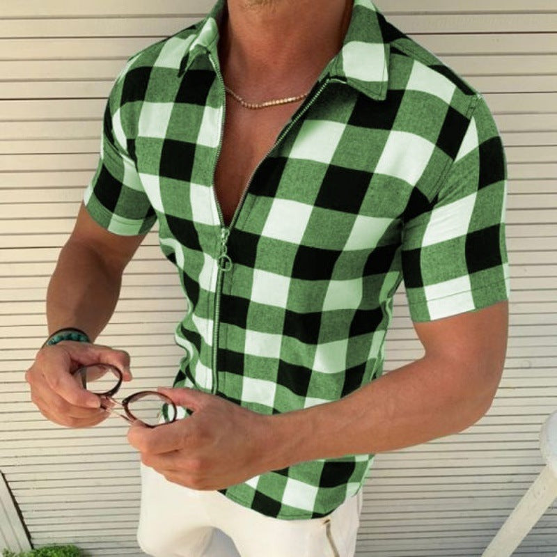 Plaid T Shirt Mens Zipper Short Sleeve Shirts Summer Men Clothing 1
