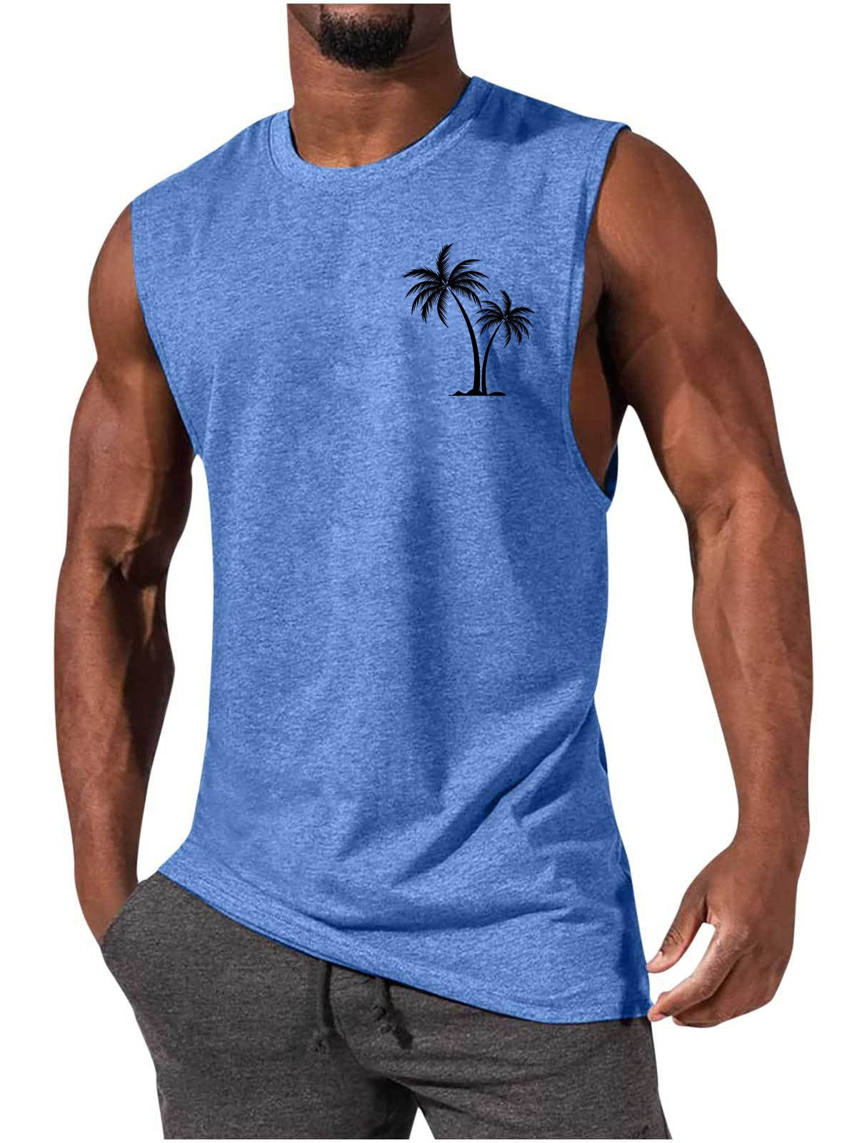 Coconut Tree Embroidery Vest Summer Beach Tank Tops Workout Muscle Men Sports Fitness T-shirt 1