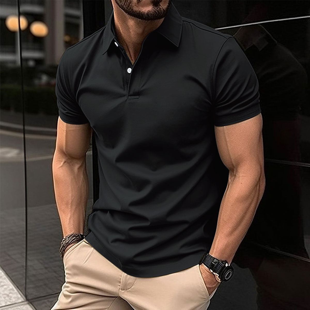 Summer Short Sleeve Polo Shirt Men Solid Color Button Lapel Button Top UMAIR & HAYAT SELLER