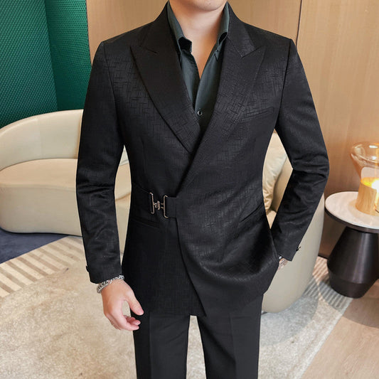 Men's Suit Metal Buckle Design Gun Collar Jacket 1