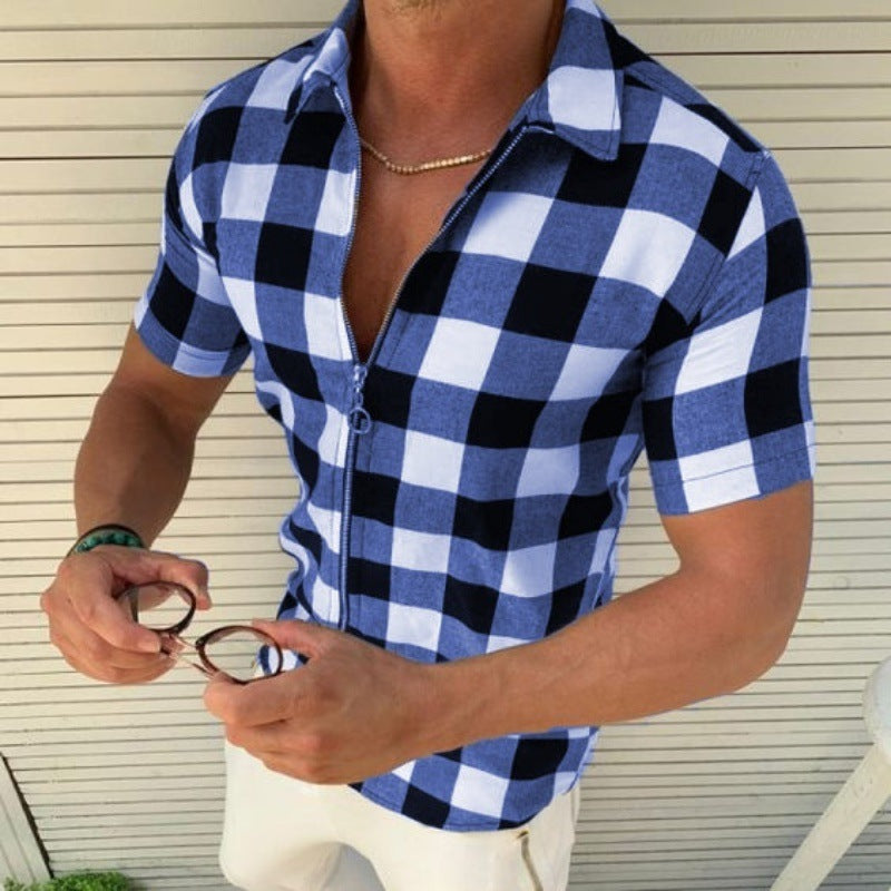 Plaid T Shirt Mens Zipper Short Sleeve Shirts Summer Men Clothing 1