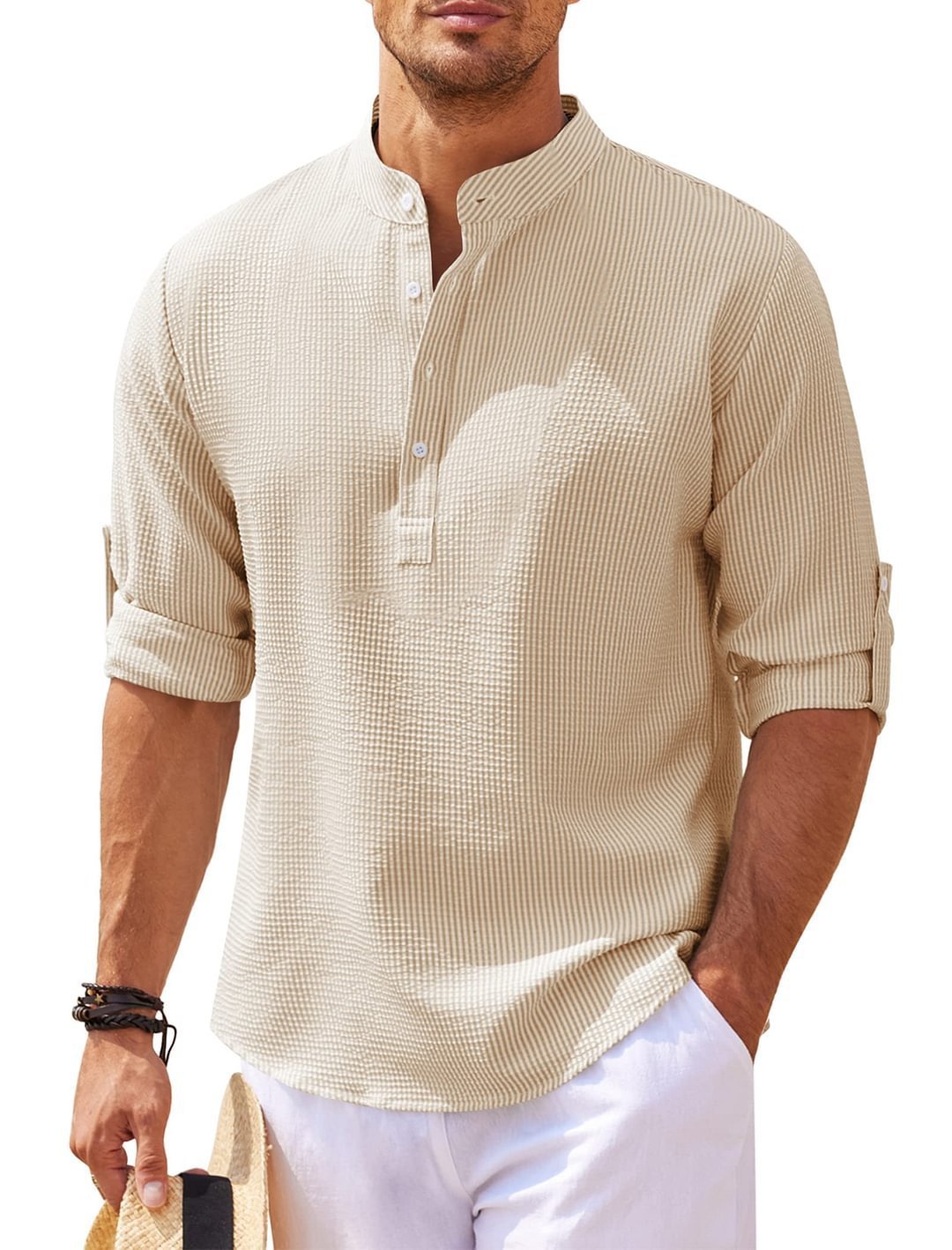 Men's Casual Shirt  Long Sleeve Stand Collar Solid Color Shirt Mens Clothing UMAIR & HAYAT SELLER