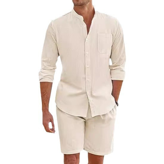 Men's Cotton Linen Comfortable Long Sleeve Shirt Shorts Suit 1
