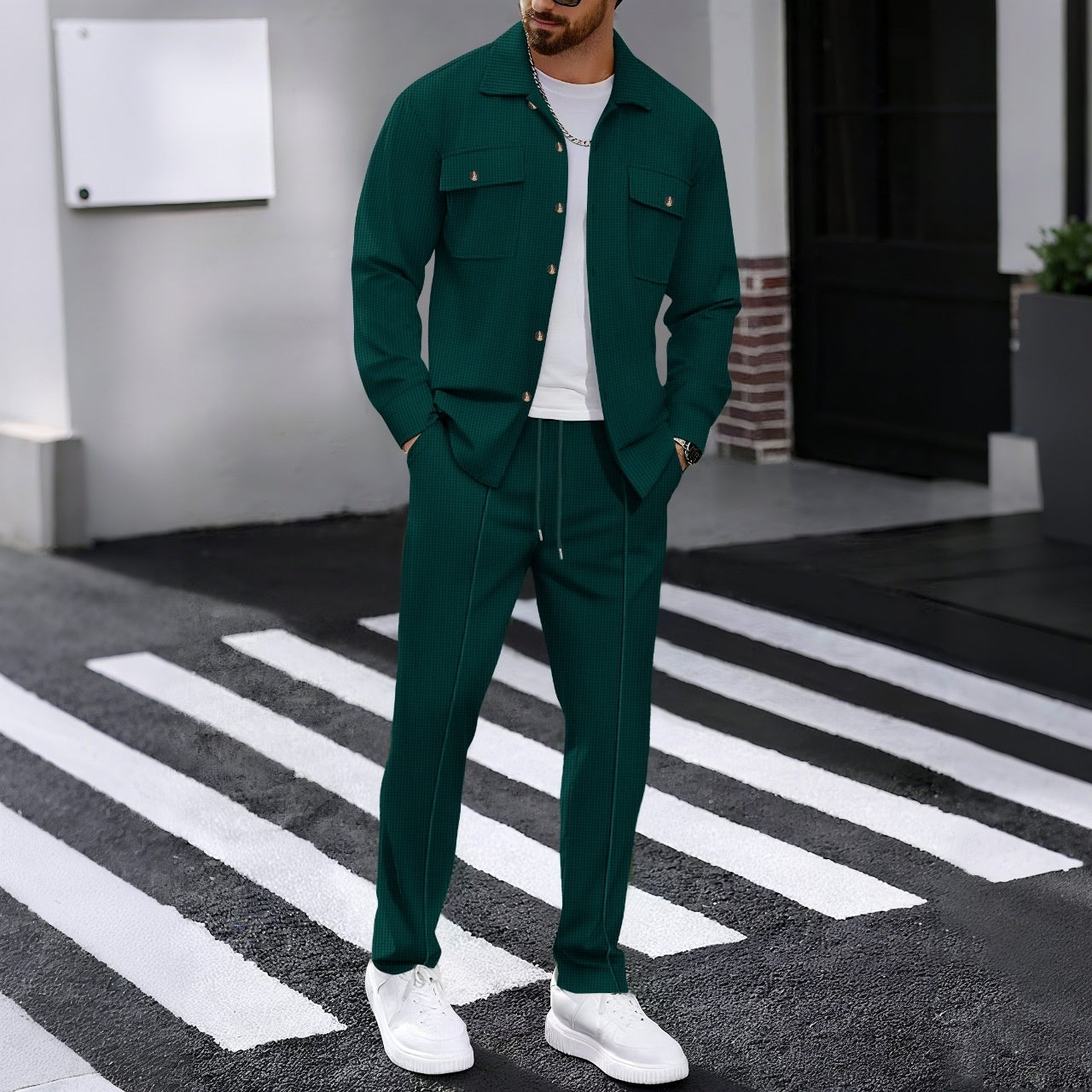 Autumn New Waffle Long-sleeved Trousers Two-piece Set Cardigan Shirt Suit 1