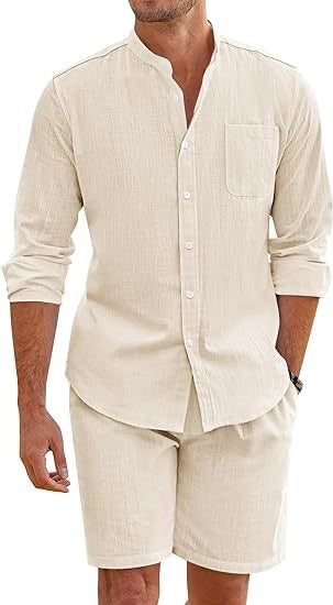 Men's Cotton Linen Comfortable Long Sleeve Shirt Shorts Suit 1