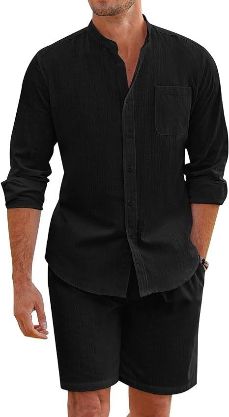Men's Cotton Linen Comfortable Long Sleeve Shirt Shorts Suit 1
