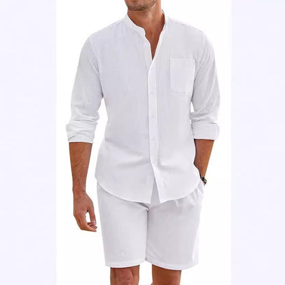 Men's Cotton Linen Comfortable Long Sleeve Shirt Shorts Suit 1
