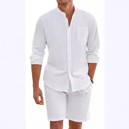 Men's Cotton Linen Comfortable Long Sleeve Shirt Shorts Suit 1