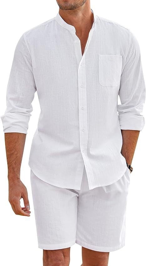 Men's Cotton Linen Comfortable Long Sleeve Shirt Shorts Suit 1