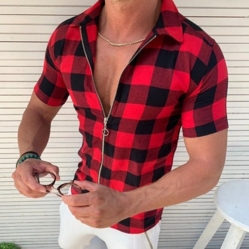 Plaid T Shirt Mens Zipper Short Sleeve Shirts Summer Men Clothing 1