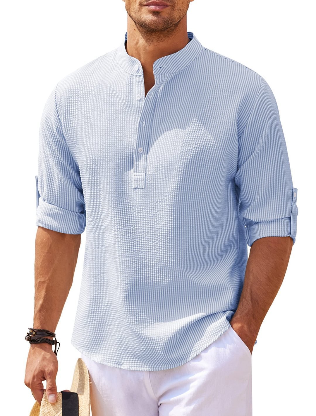 Men's Casual Shirt  Long Sleeve Stand Collar Solid Color Shirt Mens Clothing UMAIR & HAYAT SELLER