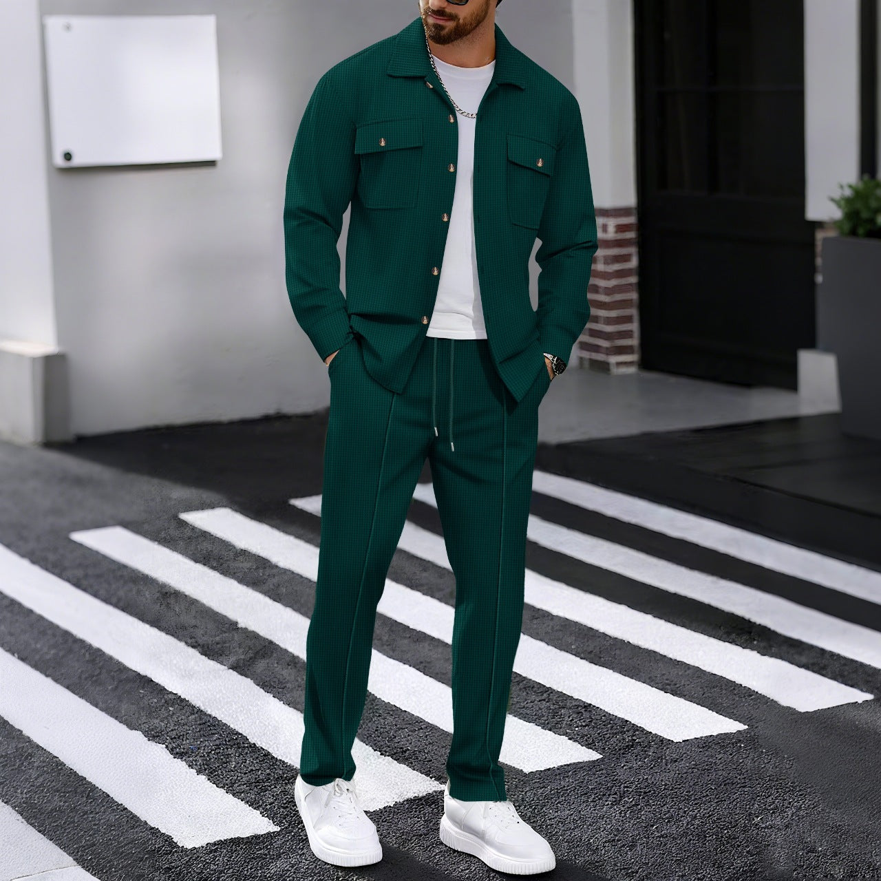 Autumn New Waffle Long-sleeved Trousers Two-piece Set Cardigan Shirt Suit 1