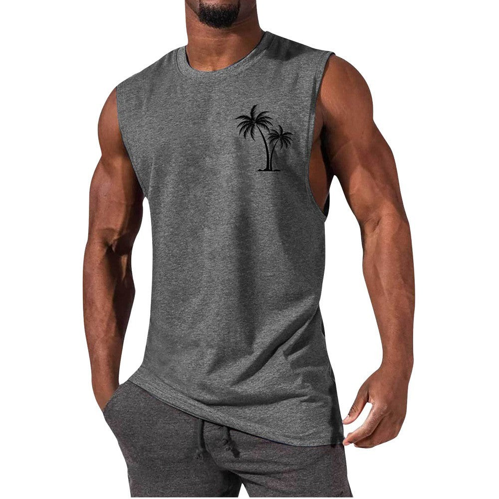 Coconut Tree Embroidery Vest Summer Beach Tank Tops Workout Muscle Men Sports Fitness T-shirt 1