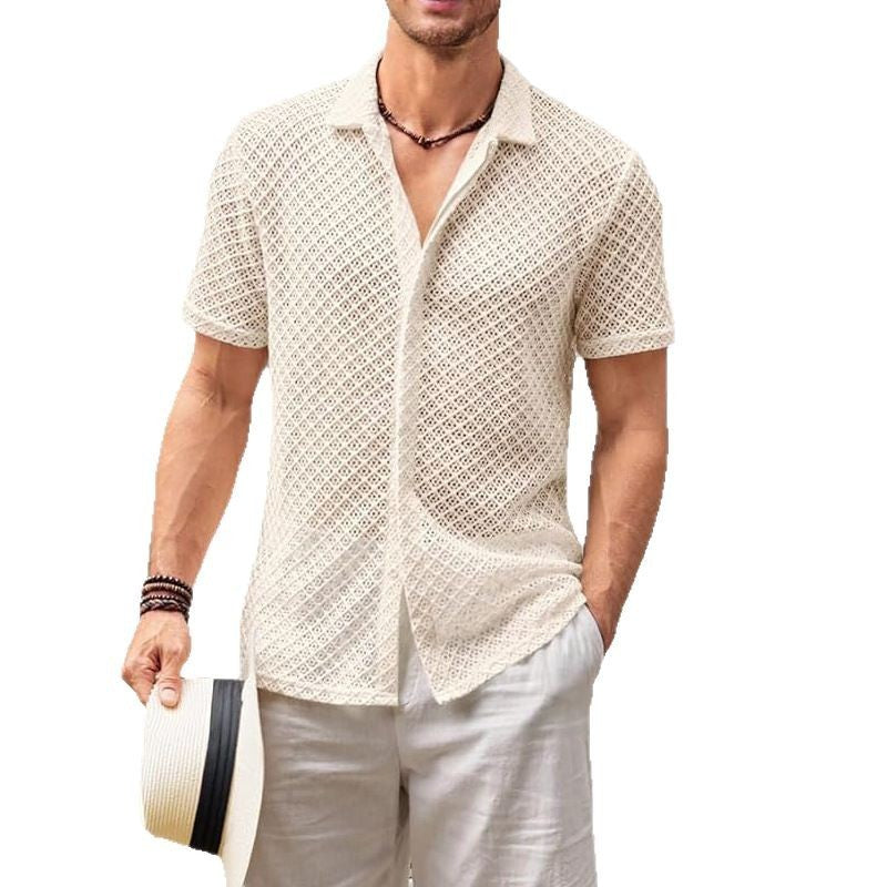 Summer Mesh Short Sleeve Shirt Fashion Solid Color Lapel Shirt Tops Beach Men Clothing UMAIR & HAYAT SELLER