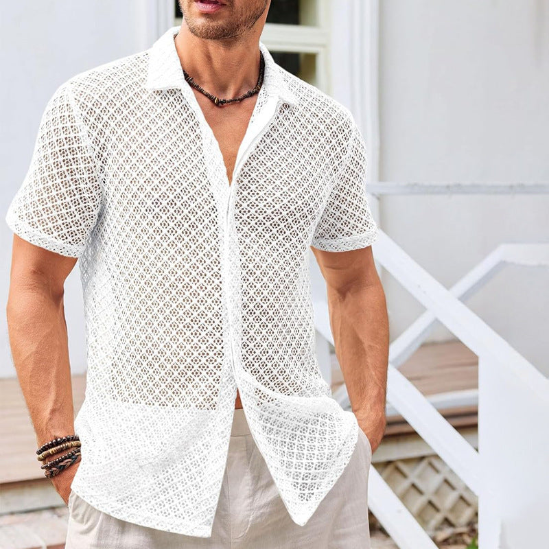 Summer Mesh Short Sleeve Shirt Fashion Solid Color Lapel Shirt Tops Beach Men Clothing UMAIR & HAYAT SELLER