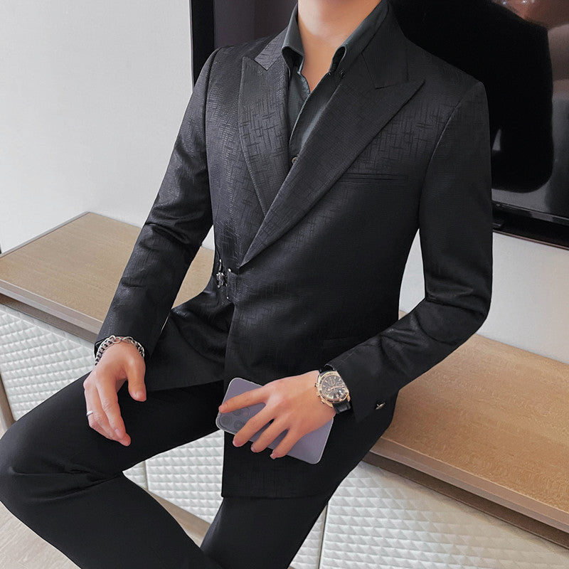 Men's Suit Metal Buckle Design Gun Collar Jacket 1