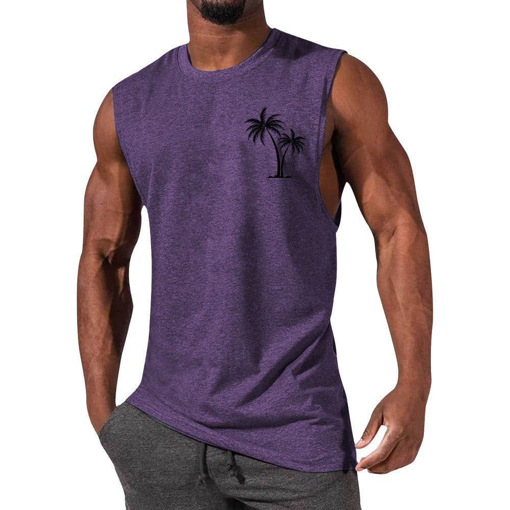 Coconut Tree Embroidery Vest Summer Beach Tank Tops Workout Muscle Men Sports Fitness T-shirt 1
