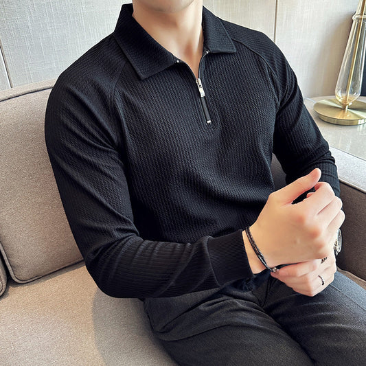 High Elastic Thickened Seersucker Half Zipper Polo Shirt UMAIR & HAYAT SELLER