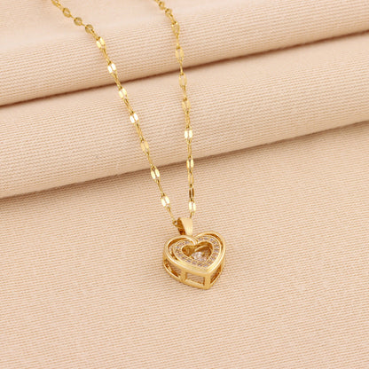 Double-layer Love Necklace With Rhinestones Titanium Steel Pendant Fashion Jewelry Woman Valentines Day Gift UMAIR & HAYAT SELLER