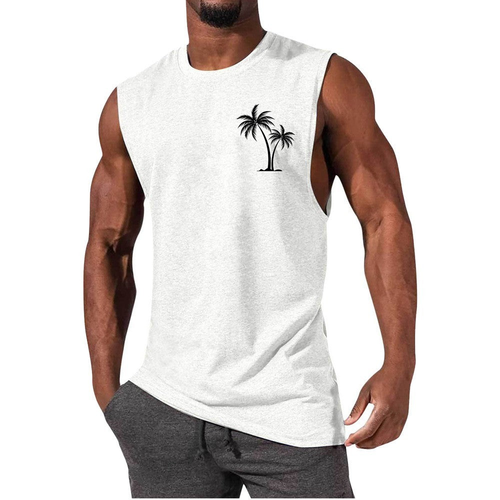 Coconut Tree Embroidery Vest Summer Beach Tank Tops Workout Muscle Men Sports Fitness T-shirt 1