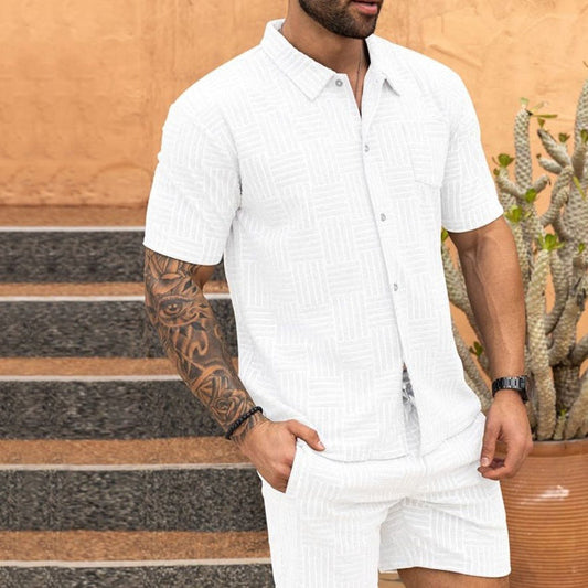 Men's Jacquard Button Shirt Lapel Casual T-shirt Suit 1